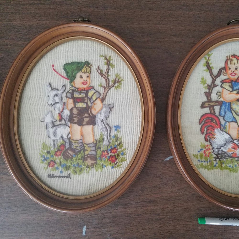 Pair of Crewel Stitch Hummel figures wall hanging art